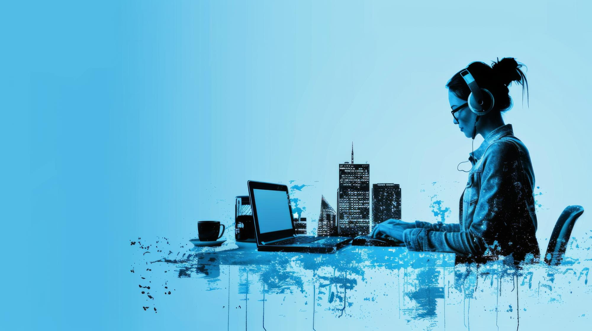 Designer working with a digital city skyline