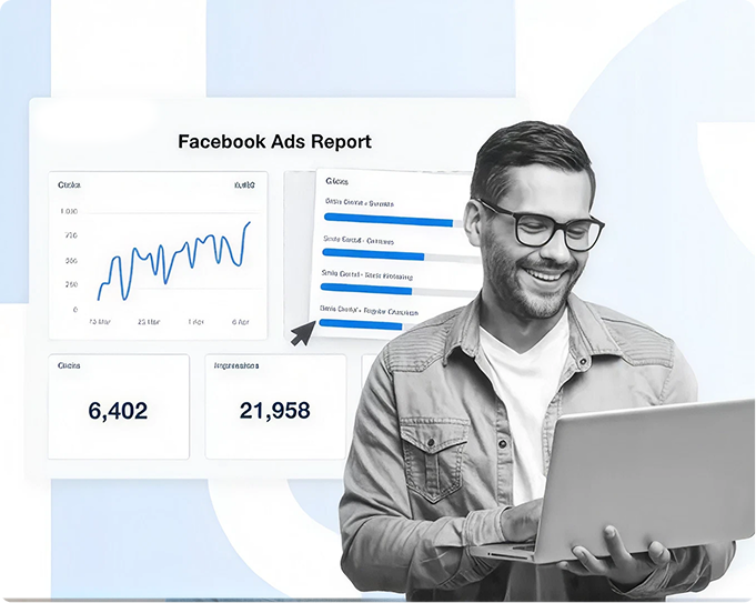  Laptop and phone showing a campaign dashboard with ad previews and a lead chart.
