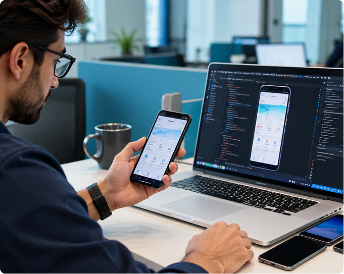 Mobile app wireframes and interactive UI screens displayed on modern devices.