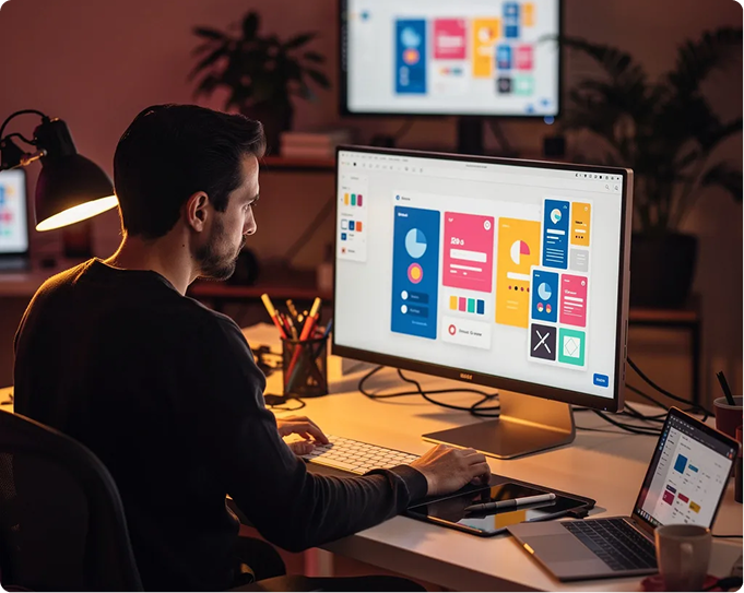 Designer workstation displaying creative wireframes, color swatches, and responsive web mockups.
